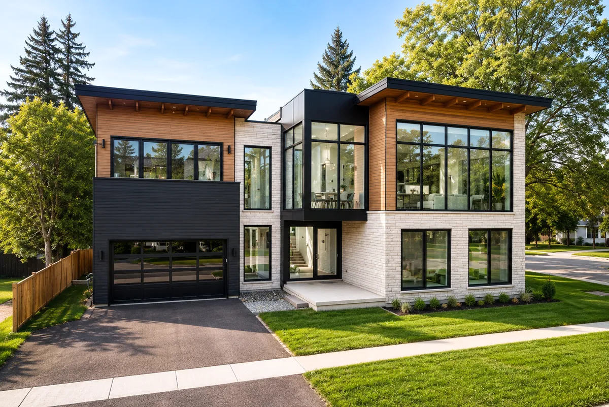 A modern two-storey home with stone, wood and black trim on a sunny tree-lined street.